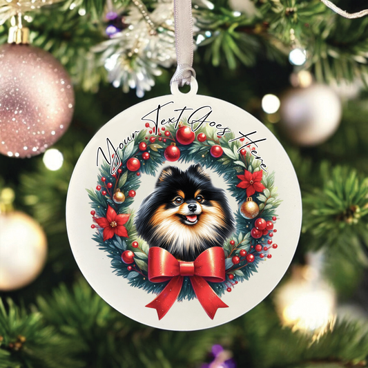 Personalised Black and Tan Pomeranian Dog Christmas Wreath - Hanging Bauble Decoration