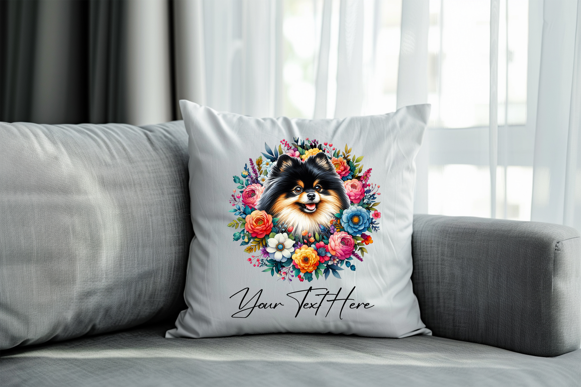 Personalised Floral Summer Pet Dog Wreath with Black and Tan Pomeranian - Keepsake Gift Cushion, by Floppsie Moppsie – floppsiemoppsie at floppsiemoppsie.co.uk