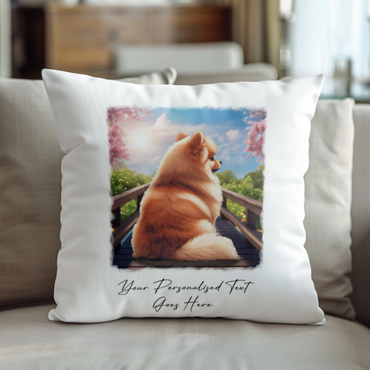 Personalised Pomeranian – Looking out across a Bridge Pet Gift Cushion, by Floppsie Moppsie – floppsiemoppsie at floppsiemoppsie.co.uk