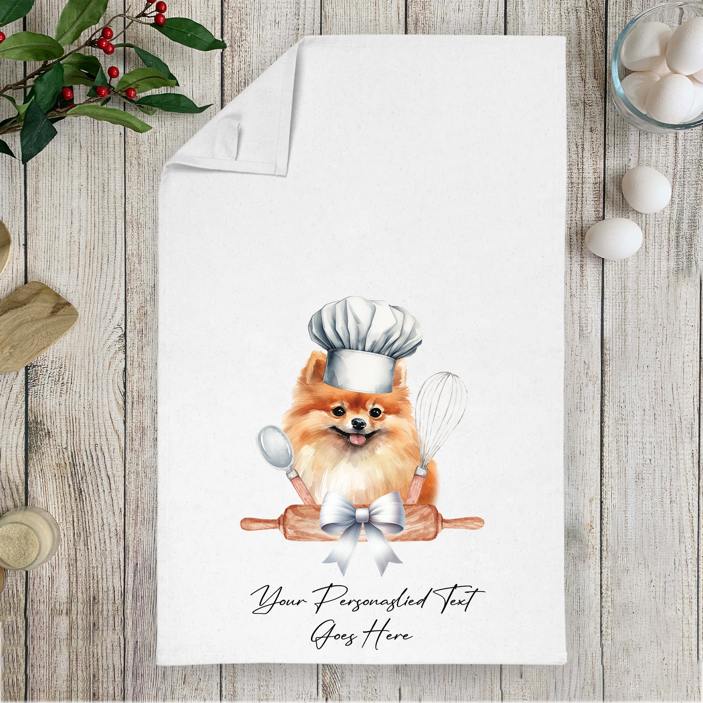 Personalised Dog In Chef Hat Gift Tea Towel - Pomeranian