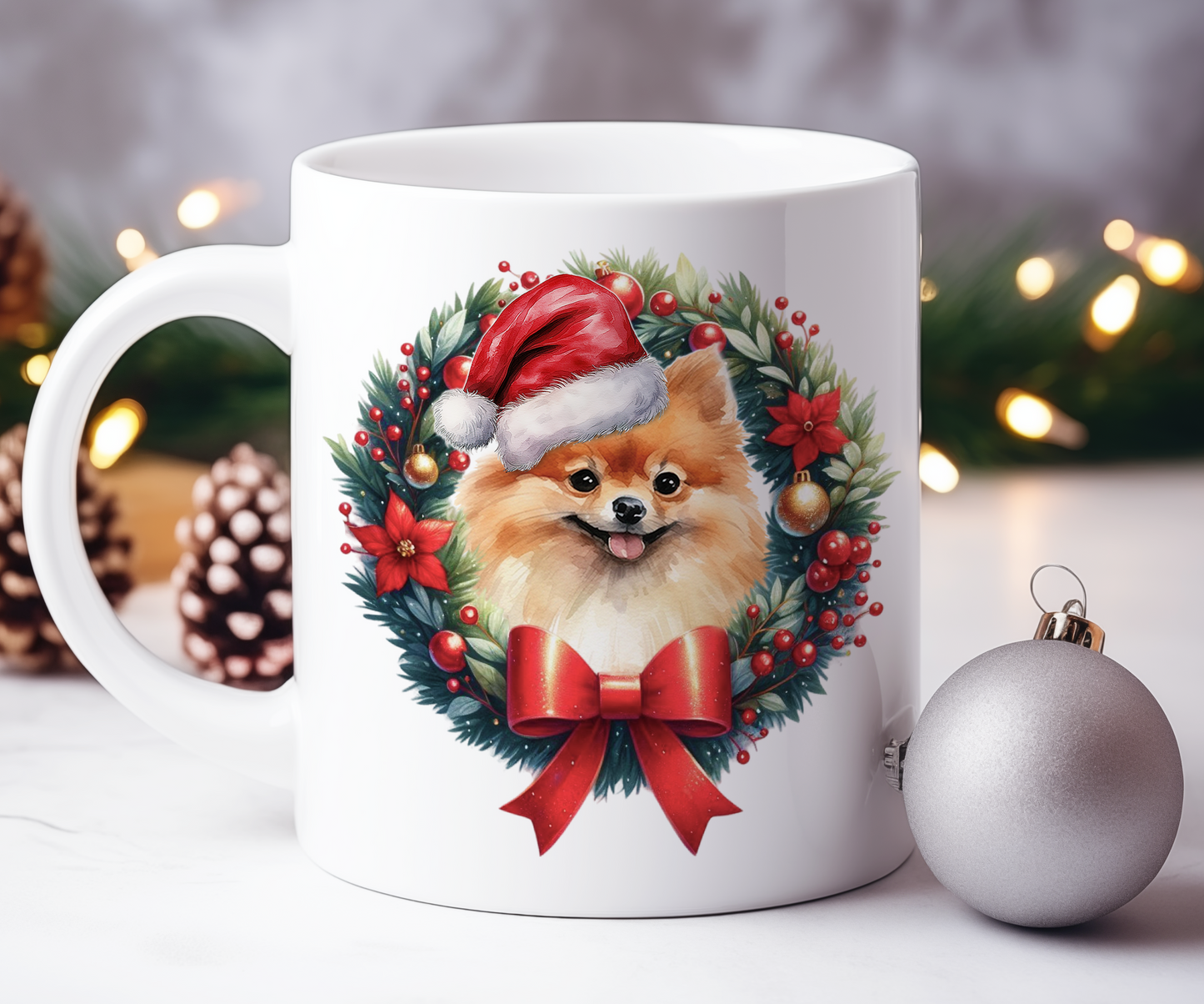 Personalised Pomeranian Dog Christmas Wreath Gift Mug