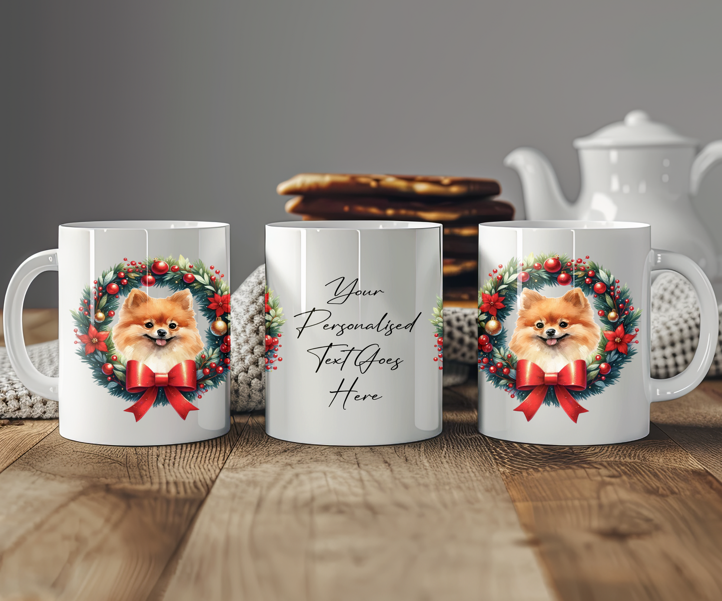 Personalised Pomeranian Dog Christmas Wreath Gift Mug