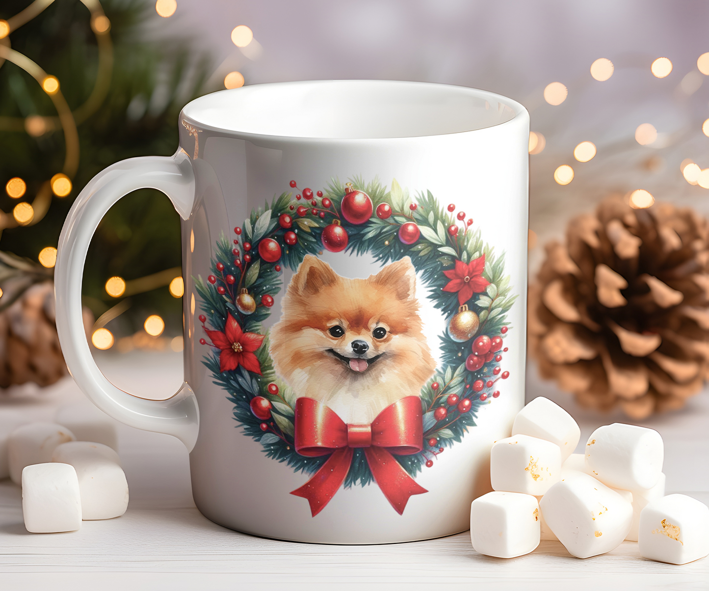 Personalised Pomeranian Dog Christmas Wreath Gift Mug