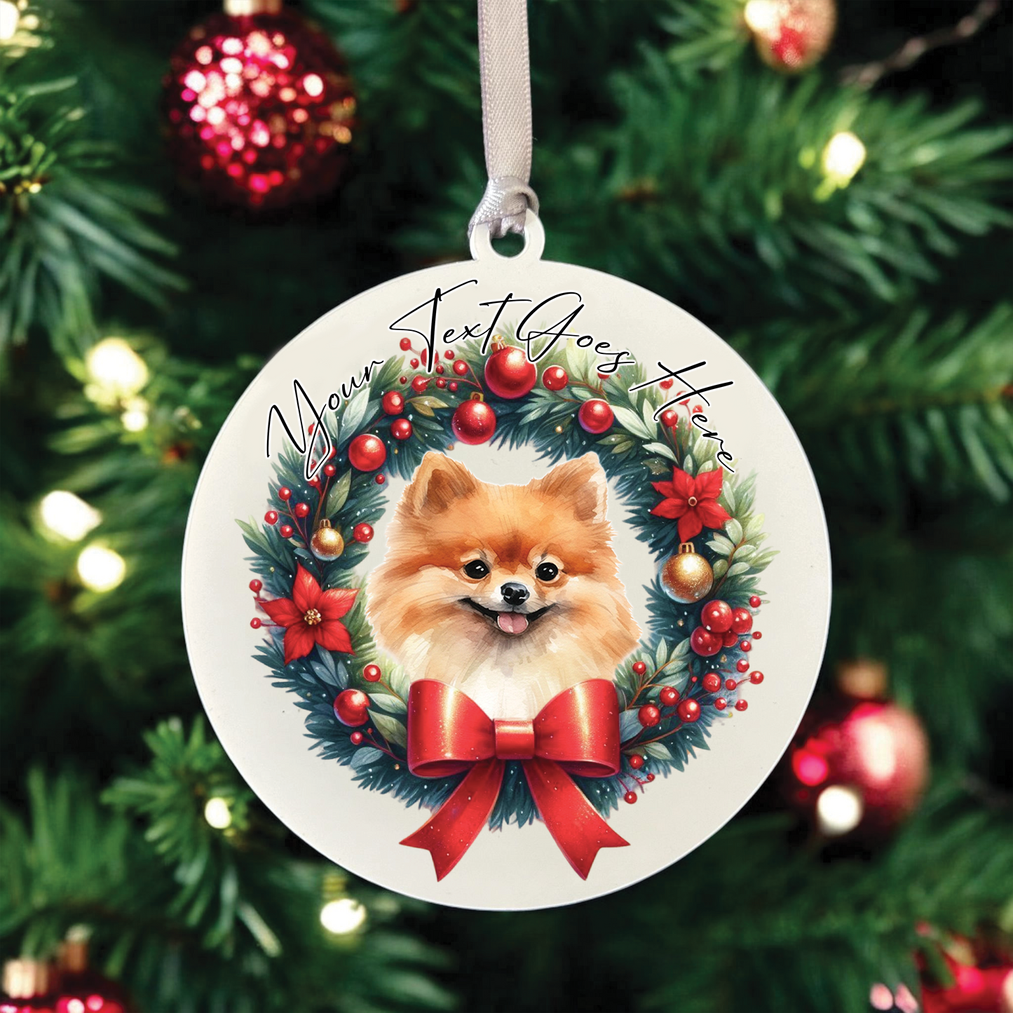 Personalised Pomeranian Dog Christmas Wreath - Hanging Bauble Decoration