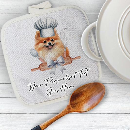 Personalised Dog In Chef Hat Gift Pot Holder / Grab - Pomeranian