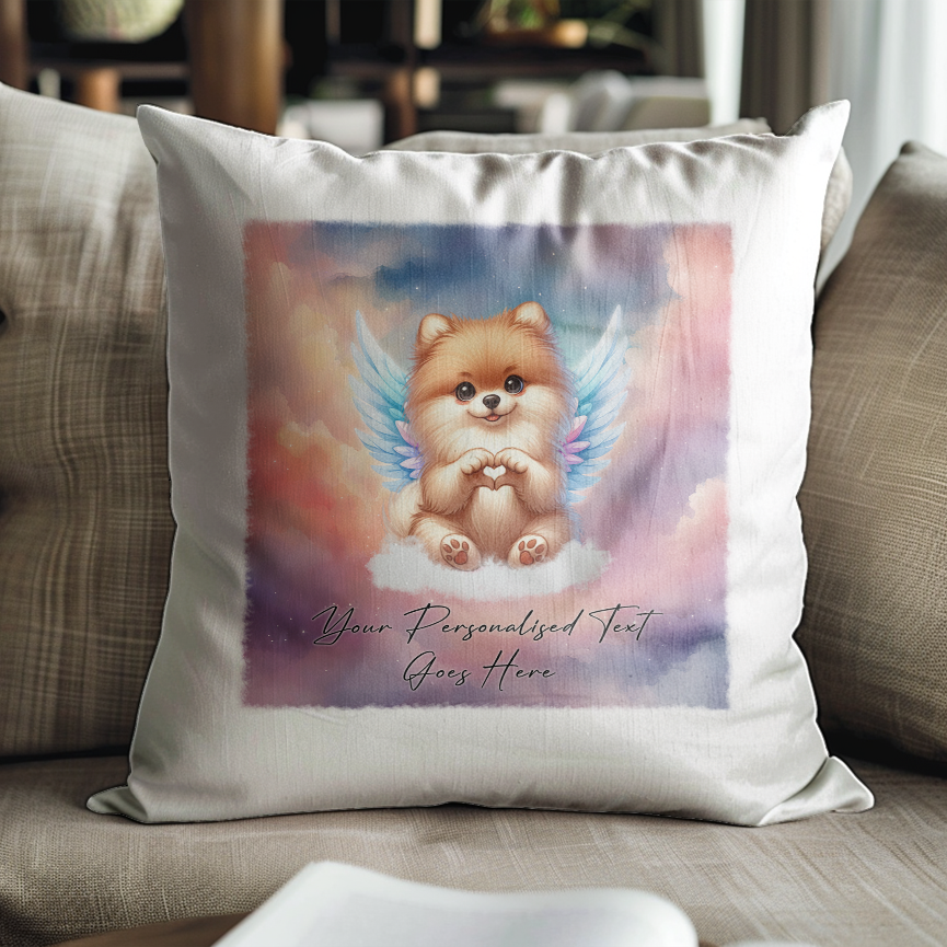 Personalised Dog Memorial Mug of Pomeranian with wings in clouds making a heart sign - Keepsake Gift Cushion, by Floppsie Moppsie – floppsiemoppsie at floppsiemoppsie.co.uk