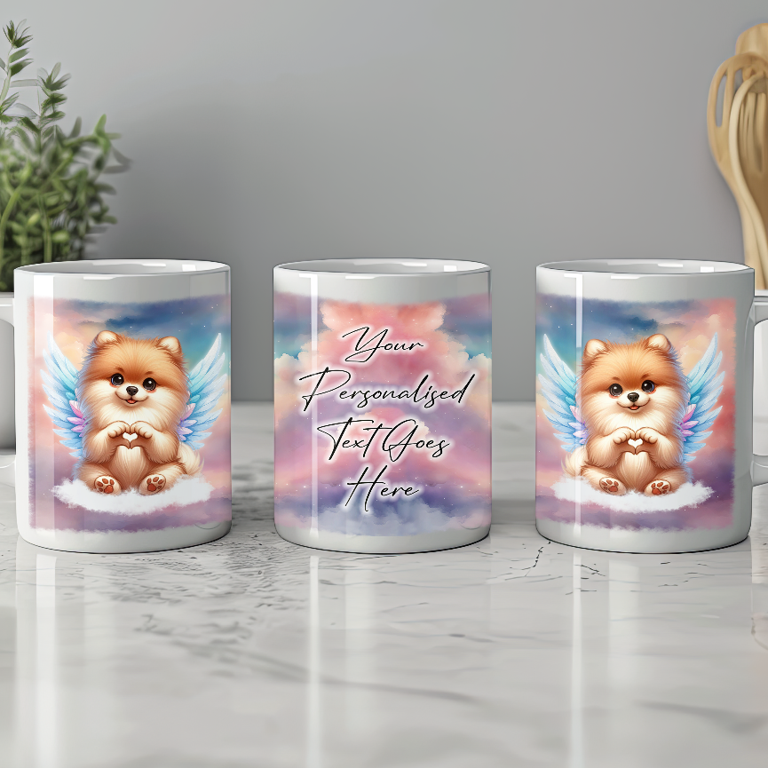 Personalised Dog Memorial Mug of Pomeranian with wings in clouds making a heart sign - Keepsake Gift Mug, by Floppsie Moppsie – floppsiemoppsie at floppsiemoppsie.co.uk