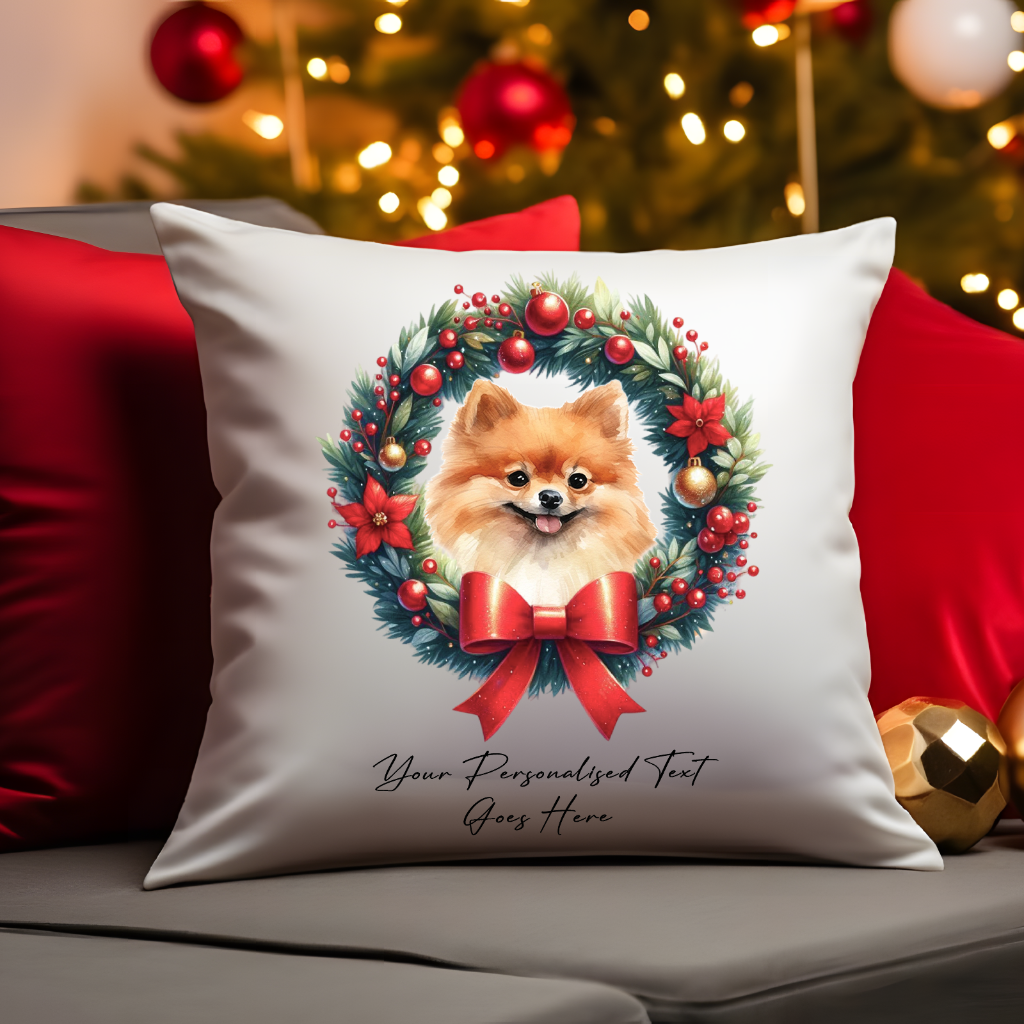 Personalised Pomeranian in a Christmas wreath - Keepsake Gift cushion, by Floppsie Moppsie – floppsiemoppsie at floppsiemoppsie.co.uk