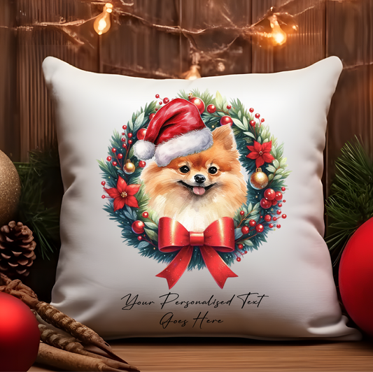 Personalised Pomeranian with Santa Hat in a Christmas wreath - Keepsake Gift cushion, by Floppsie Moppsie – floppsiemoppsie at floppsiemoppsie.co.uk