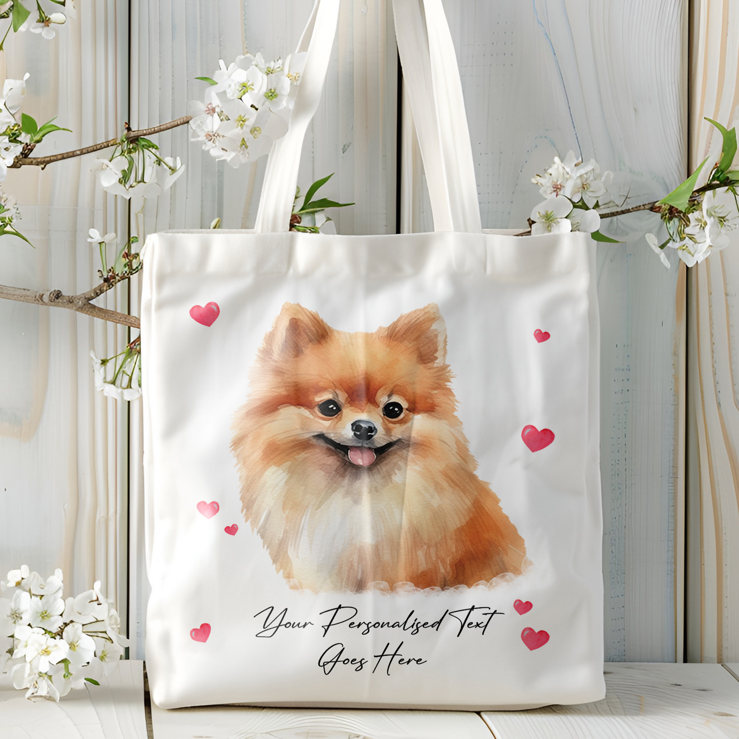 Personalised Dog Love Hearts Pomeranian Tote Bag