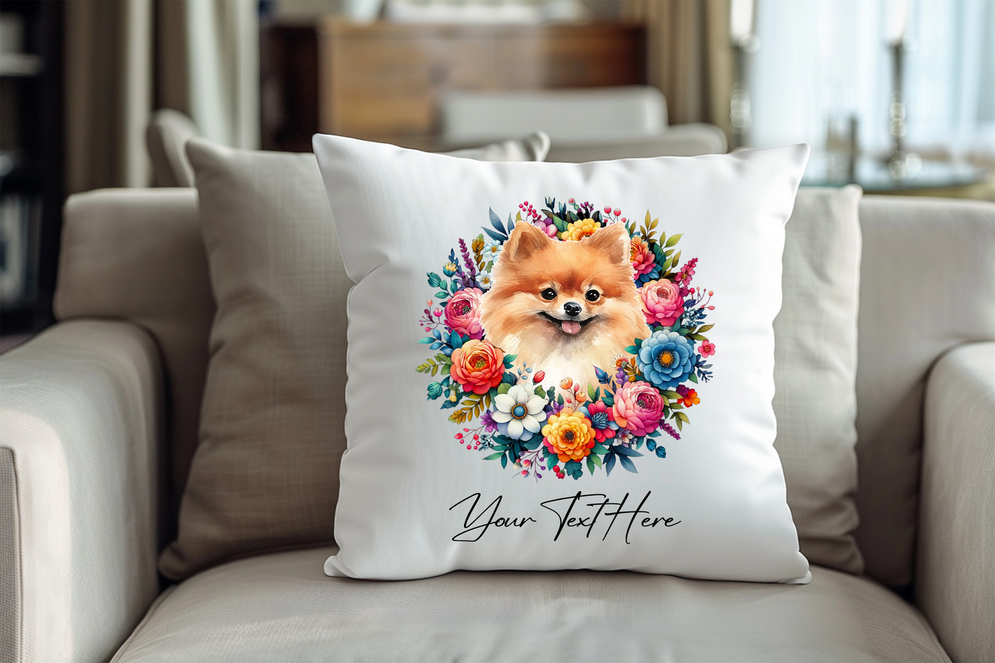 Personalised Poodle - Floral Summer Dog Wreath Keepsake Gift Cushion