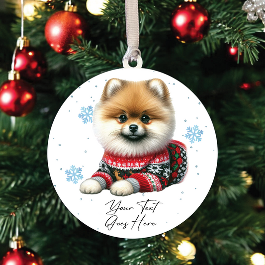 A Personalised Pomeranian Jumper Dog Hanging Bauble Decoration