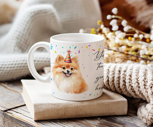 Personalised Dog Gift Mug - Pomeranian with Birthday Congratulations Party Hat