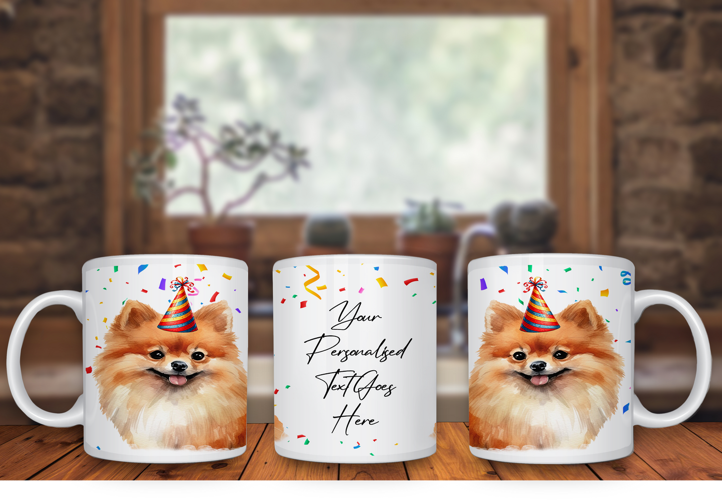 Personalised Dog Gift Mug - Pomeranian with Birthday Congratulations Party Hat