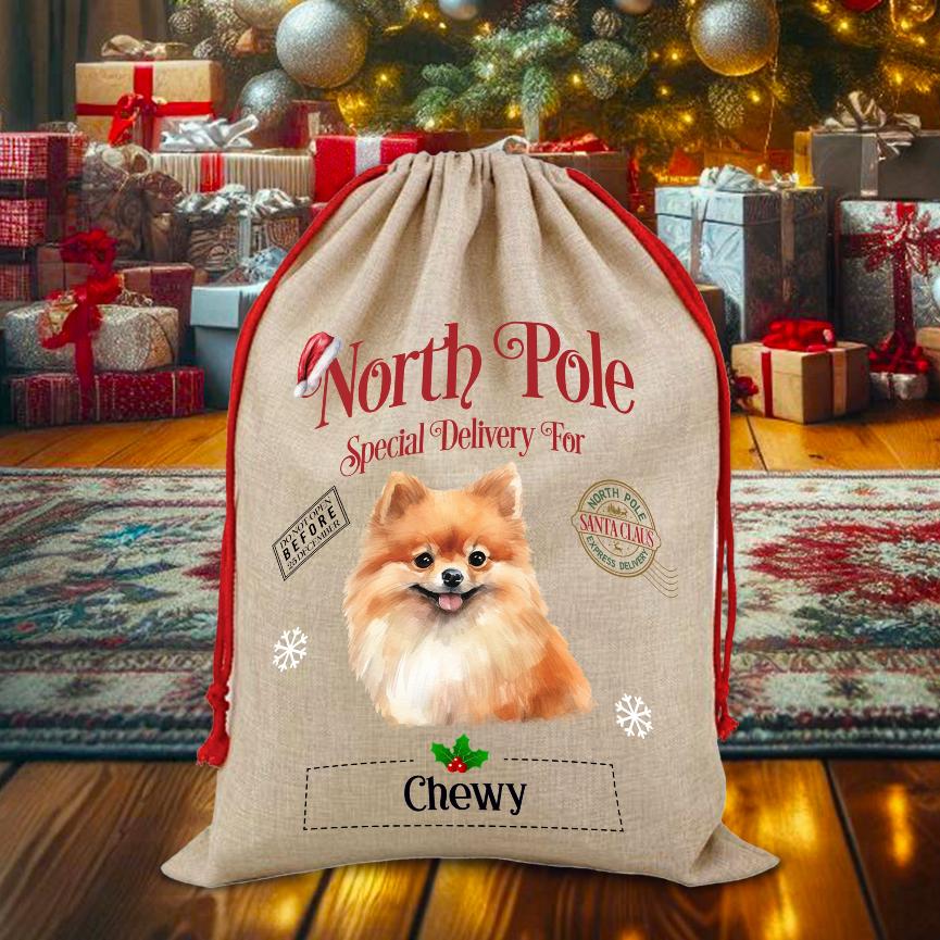 Personalised Dog Pomeranian – North Pole Special Delivery Santa Sack Pet Gift, by Floppsie Moppsie – floppsiemoppsie at floppsiemoppsie.co.uk