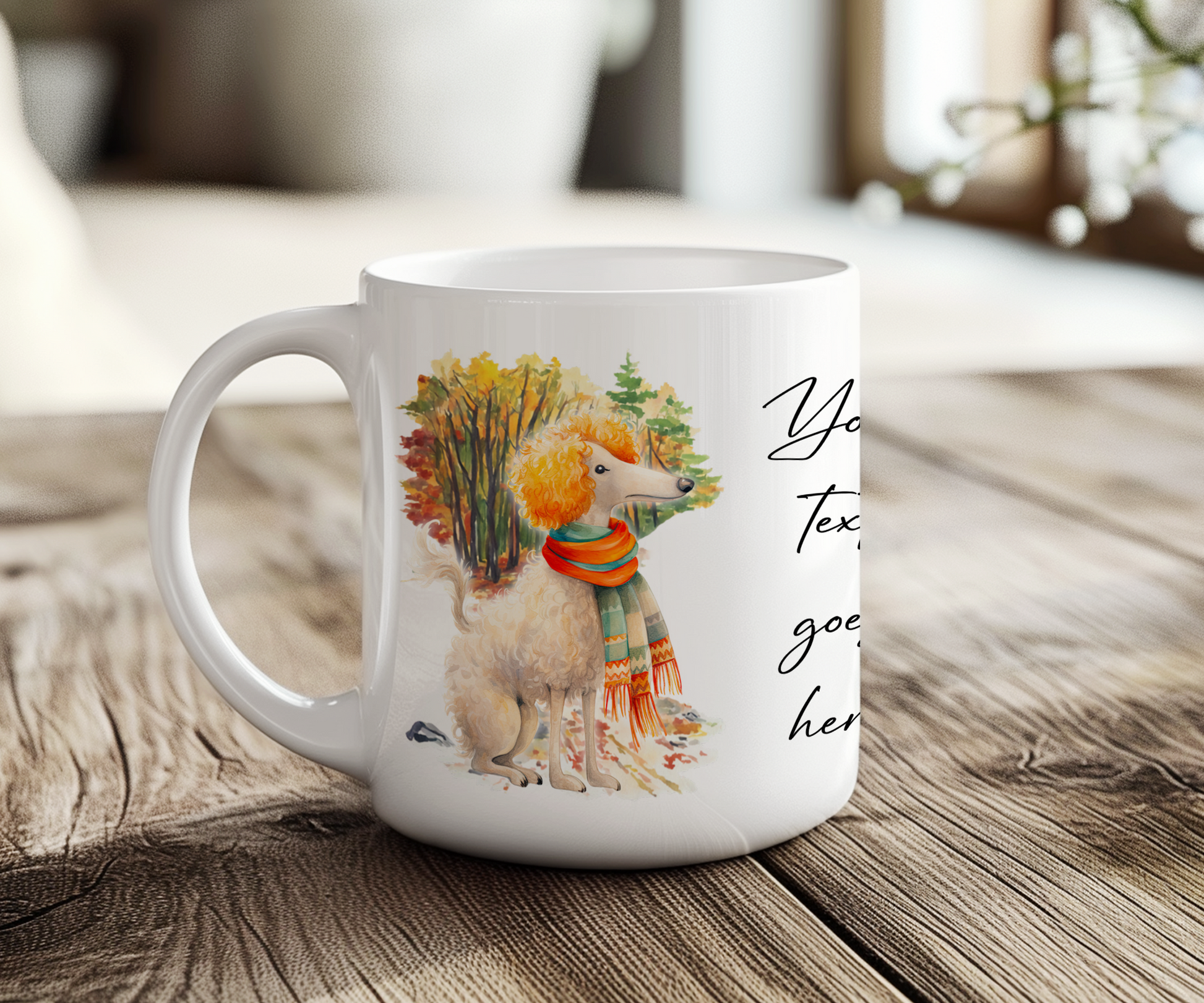 Personalised Poodle  Dog  Gift Mug wearing an Autumn scarf on a walk