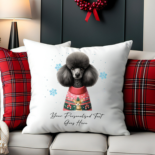 Personalised Black Poodle Dog Christmas Jumper Cushion Cover Gift