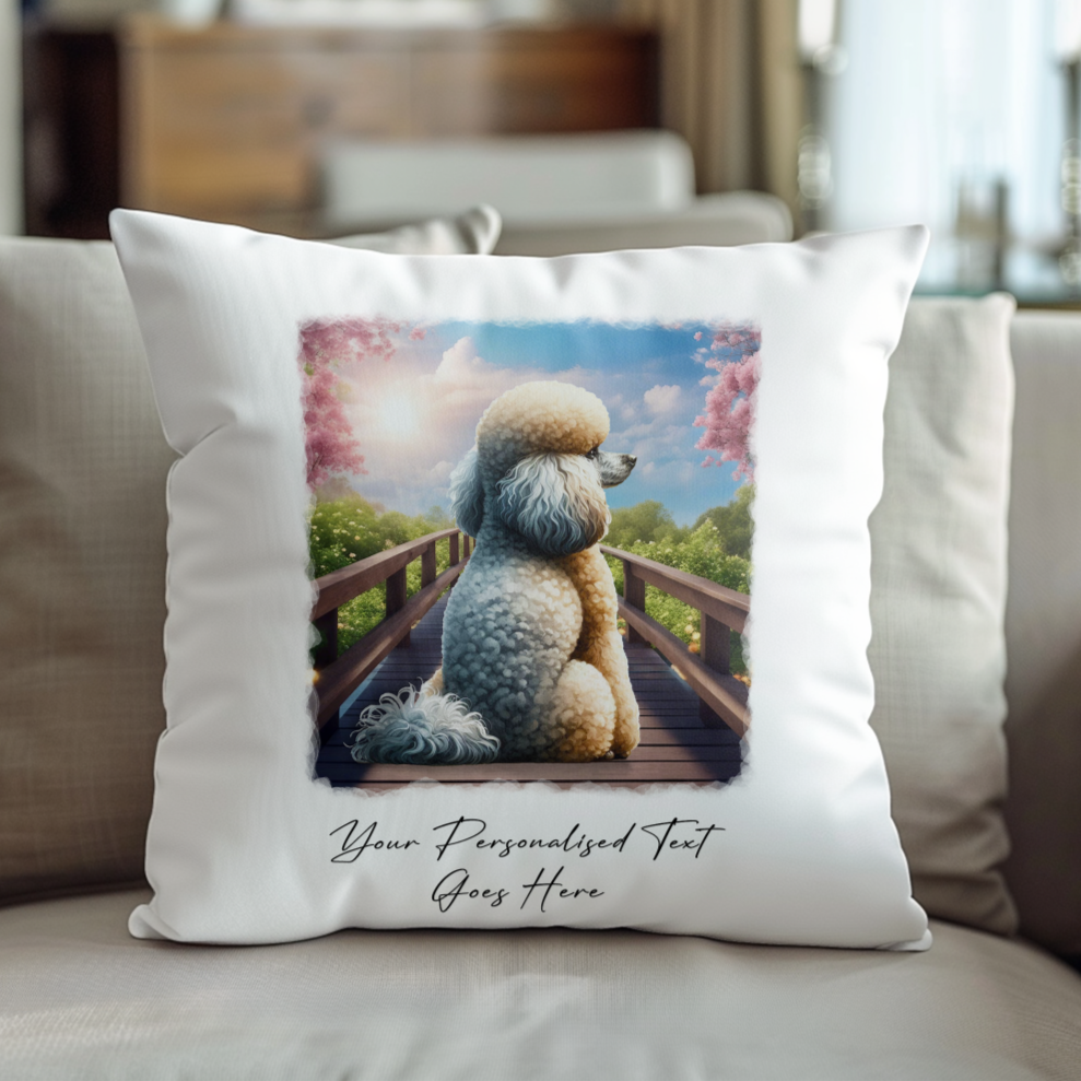 Personalised Poodle – Looking out across a Bridge Pet Gift Cushion, by Floppsie Moppsie – floppsiemoppsie at floppsiemoppsie.co.uk