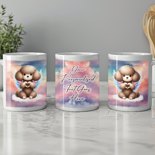 Personalised Dog Memorial Mug of Poodle with wings in clouds making a heart sign - Keepsake Gift Mug, by Floppsie Moppsie – floppsiemoppsie at floppsiemoppsie.co.uk