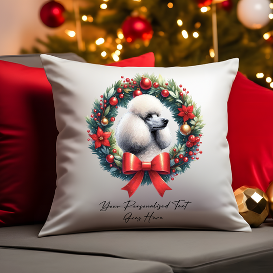 Personalised Poodle in a Christmas wreath - Keepsake Gift cushion, by Floppsie Moppsie – floppsiemoppsie at floppsiemoppsie.co.uk