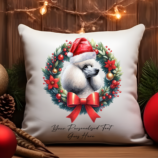 Personalised Poodle with Santa Hat in a Christmas wreath - Keepsake Gift cushion, by Floppsie Moppsie – floppsiemoppsie at floppsiemoppsie.co.uk