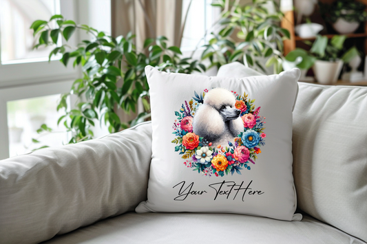 Personalised Floral Summer Pet Dog Wreath with Poodle - Keepsake Gift Cushion, by Floppsie Moppsie – floppsiemoppsie at floppsiemoppsie.co.uk