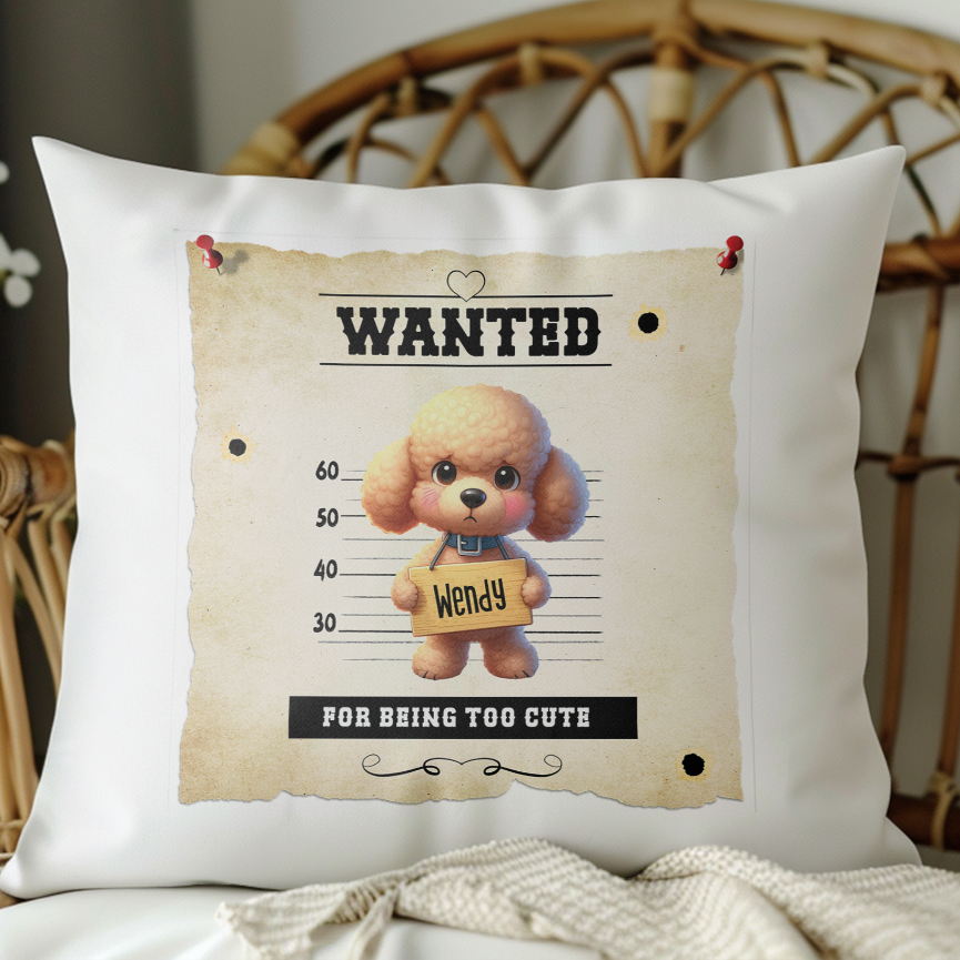 Personalised Dog WANTED Poodle in a line-up - Keepsake Gift Cushion, by Floppsie Moppsie – floppsiemoppsie at floppsiemoppsie.co.uk