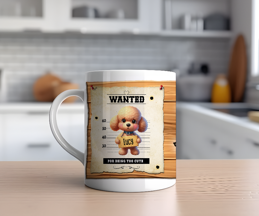 Personalised WANTED Pet Dog mug of a cute Poodle on a wanted poster - Keepsake Gift, by Floppsie Moppsie – floppsiemoppsie at floppsiemoppsie.co.uk