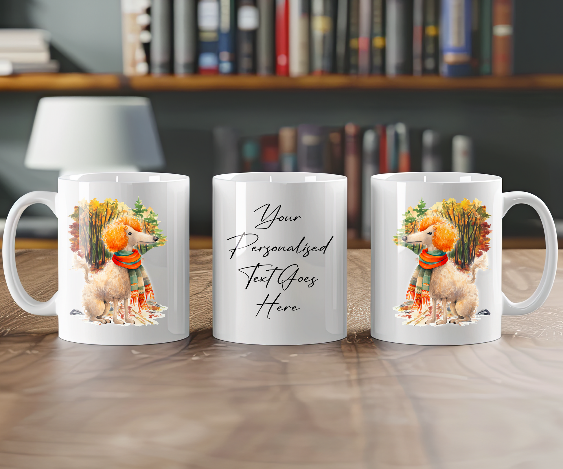 Personalised Poodle  Dog  Gift Mug wearing an Autumn scarf on a walk