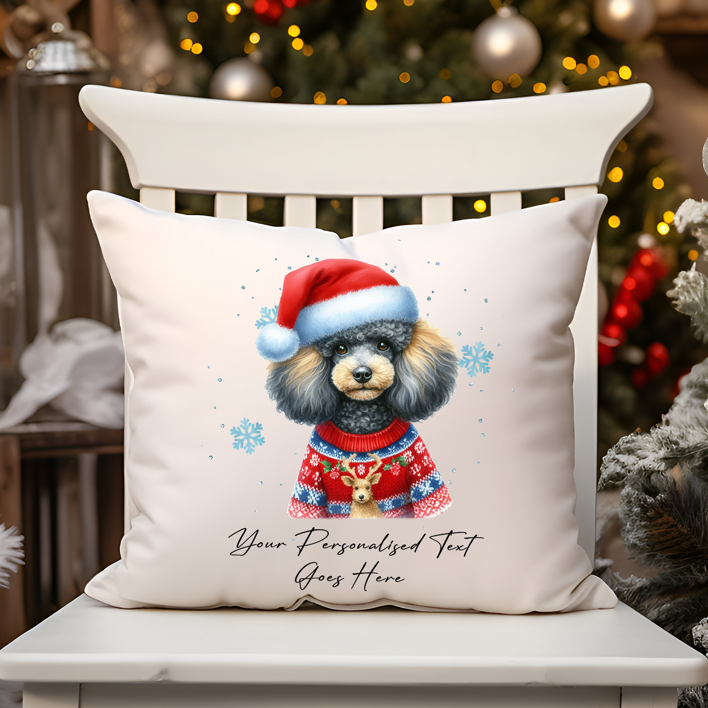 Personalised Silver Poodle Dog Christmas Jumper Cushion Cover Gift