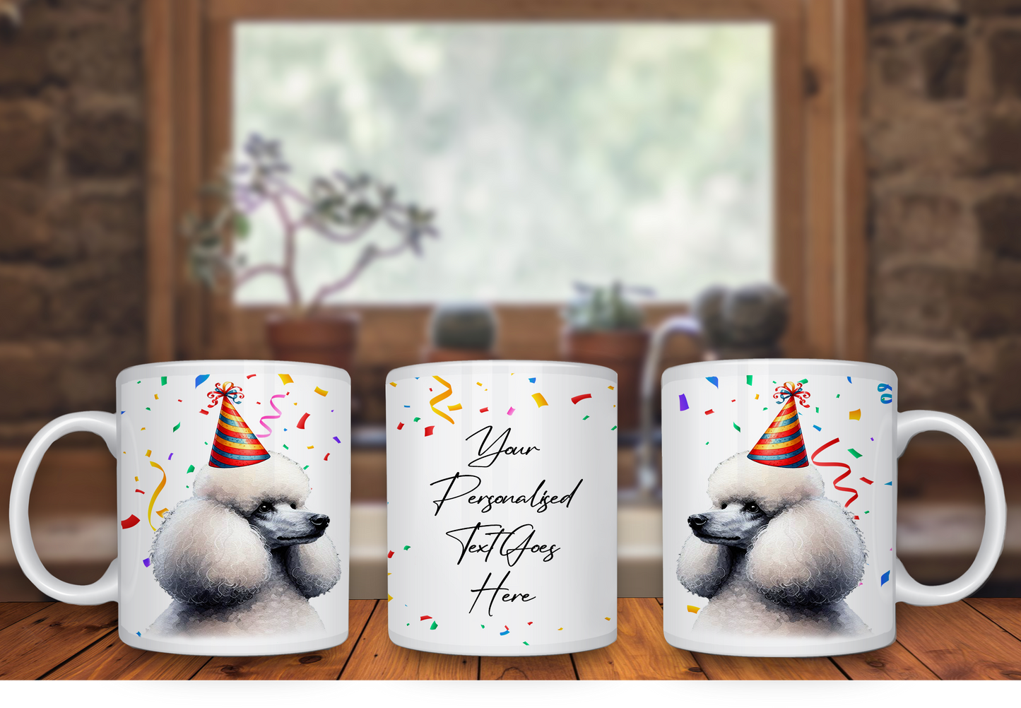 Personalised Dog Gift Mug - Poodle with Birthday Congratulations Party Hat