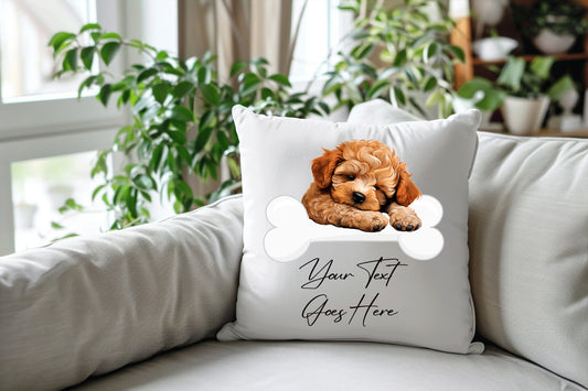 Personalised Poodle sleeping on a bone Pet Dog Keepsake Gift Cushion, by Floppsie Moppsie – floppsiemoppsie at floppsiemoppsie.co.uk