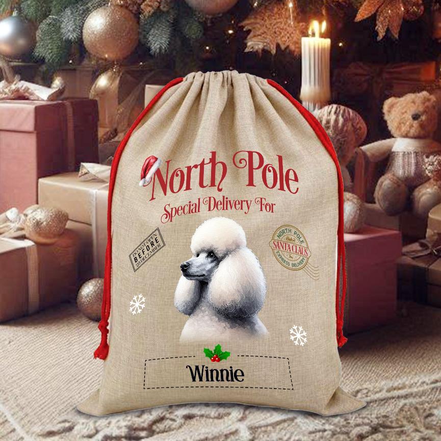 Personalised Dog Poodle – North Pole Special Delivery Santa Sack Pet Gift, by Floppsie Moppsie – floppsiemoppsie at floppsiemoppsie.co.uk