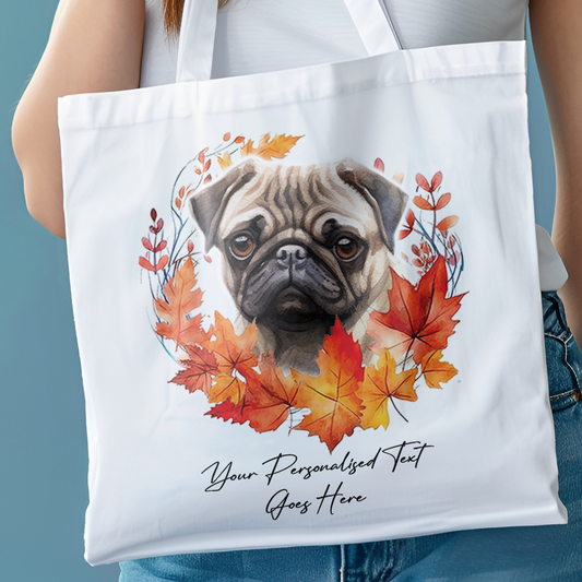 Personalised Dog Autumn Wreath Pug Tote Bag