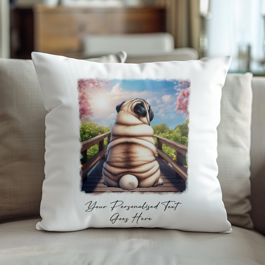 Personalised Pug – Looking out across a Bridge Pet Gift Cushion, by Floppsie Moppsie – floppsiemoppsie at floppsiemoppsie.co.uk