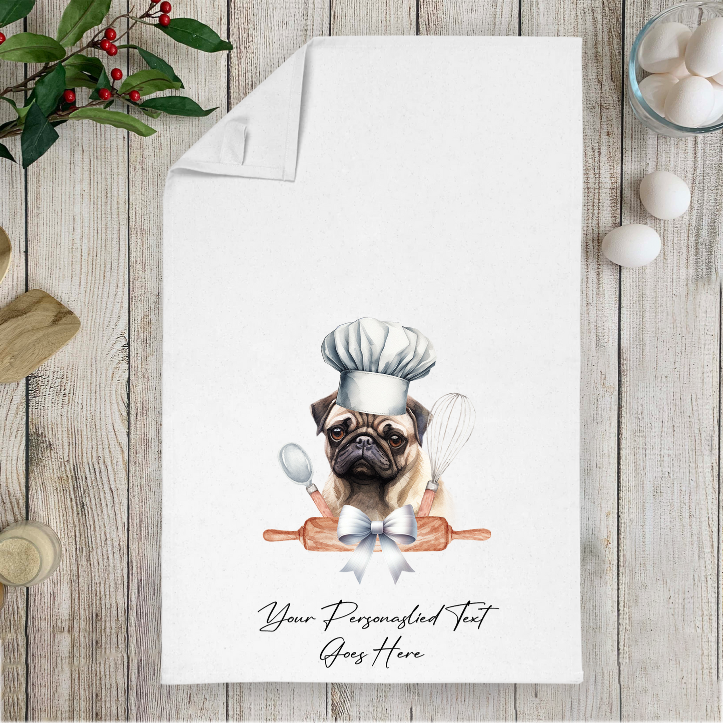 Personalised Dog In Chef Hat Gift Tea Towel - Pug