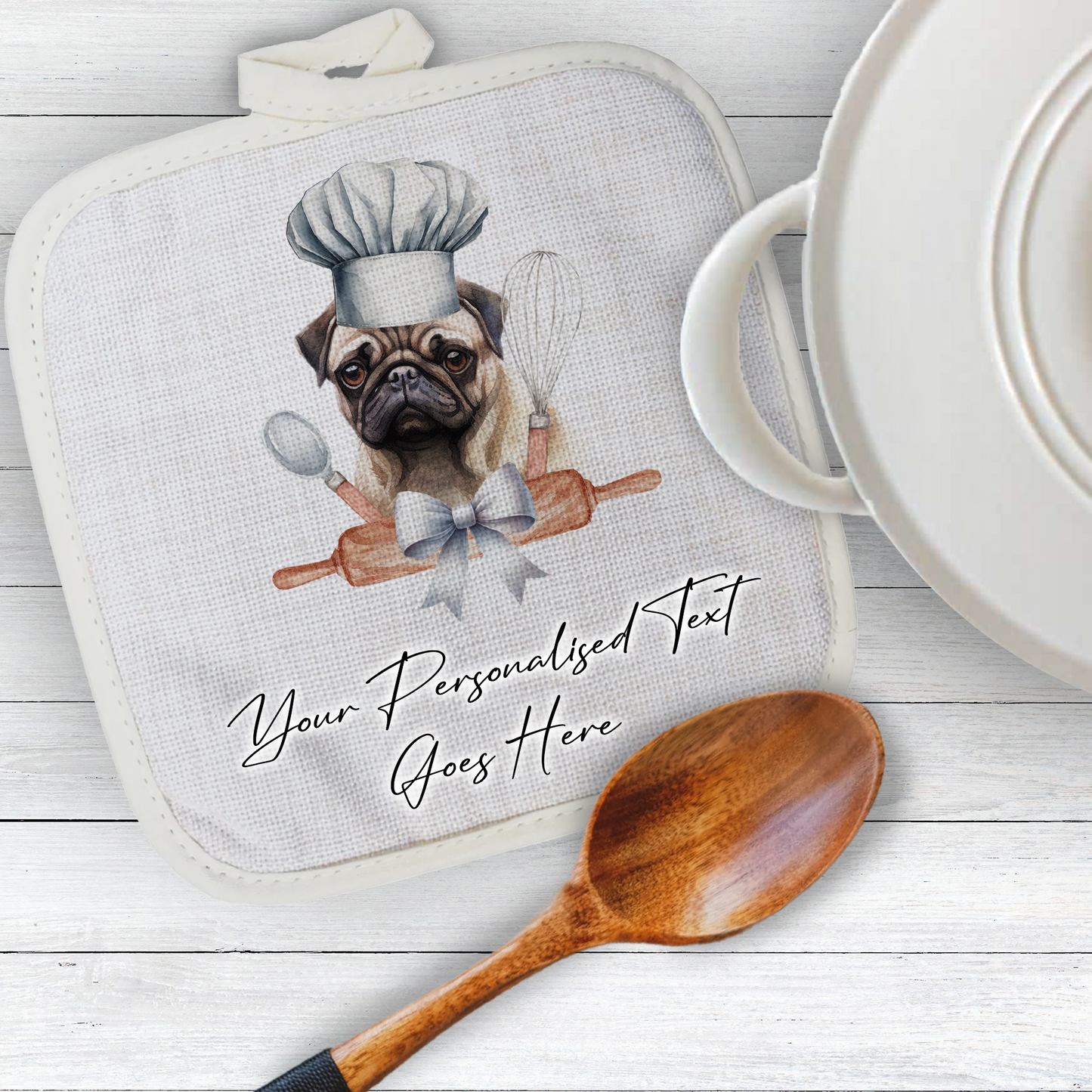 Personalised Dog In Chef Hat Gift Pot Holder / Grab - Pug