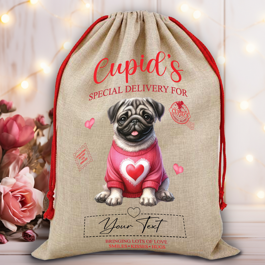 Personalised Dog Love Heart Valentine Anniversary Gift Sack - Pug