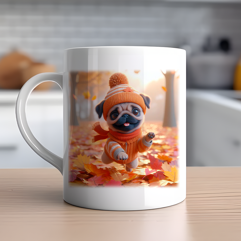 Personalised Cute Pug Playing in Autumn Leaves - Keepsake Gift Mug, by Floppsie Moppsie – floppsiemoppsie at floppsiemoppsie.co.uk