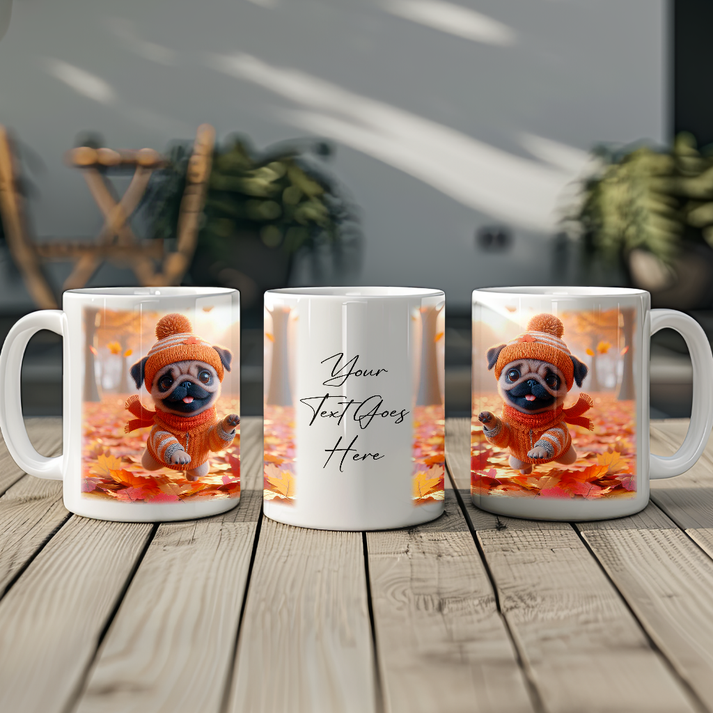 Personalised Cute Pug Playing in Autumn Leaves - Keepsake Gift Mug, by Floppsie Moppsie – floppsiemoppsie at floppsiemoppsie.co.uk