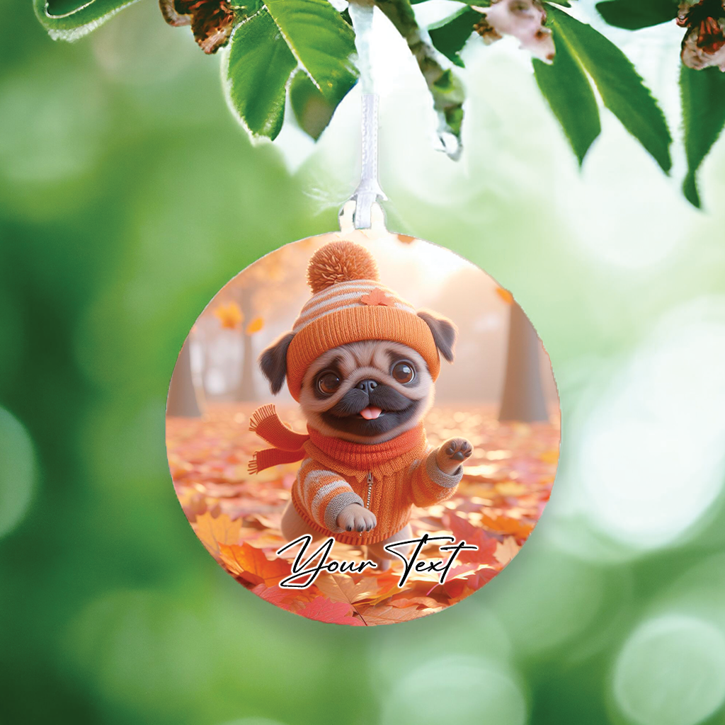 Cute Personalised Pug playing in the autumn leaves - Keepsake Gift Hanging Decoration, by Floppsie Moppsie – floppsiemoppsie at floppsiemoppsie.co.uk