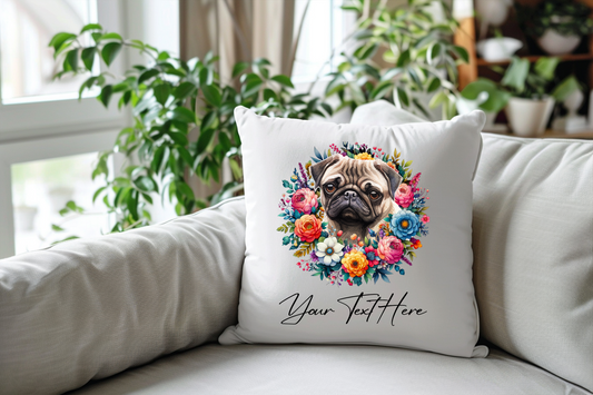 Personalised Floral Summer Pet Dog Wreath with Pug - Keepsake Gift Cushion, by Floppsie Moppsie – floppsiemoppsie at floppsiemoppsie.co.uk