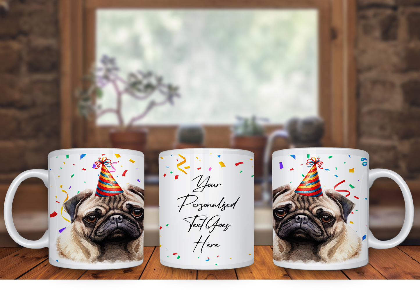 Personalised Dog Gift Mug - Pug with Birthday Congratulations Party Hat