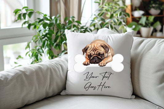 Personalised Pug sleeping on a bone Pet Dog Keepsake Gift Cushion, by Floppsie Moppsie – floppsiemoppsie at floppsiemoppsie.co.uk