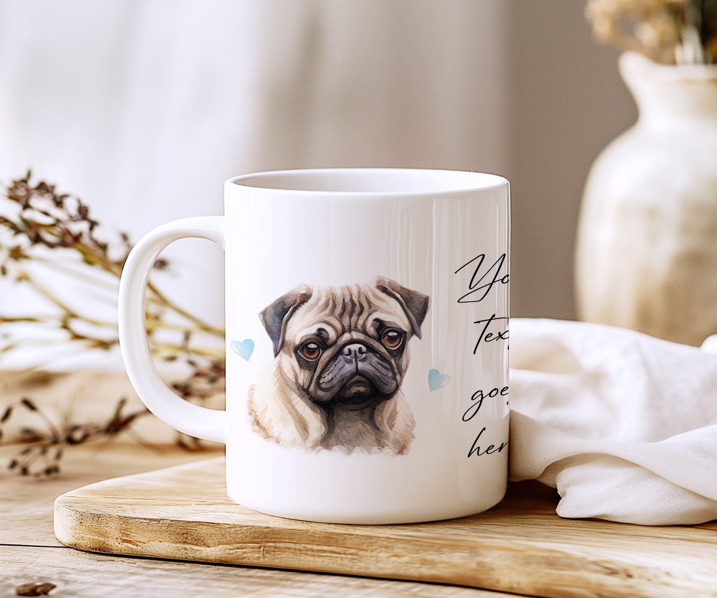 Personalised Dog Gift Mug - Pug with Custom Message and Optional Hearts