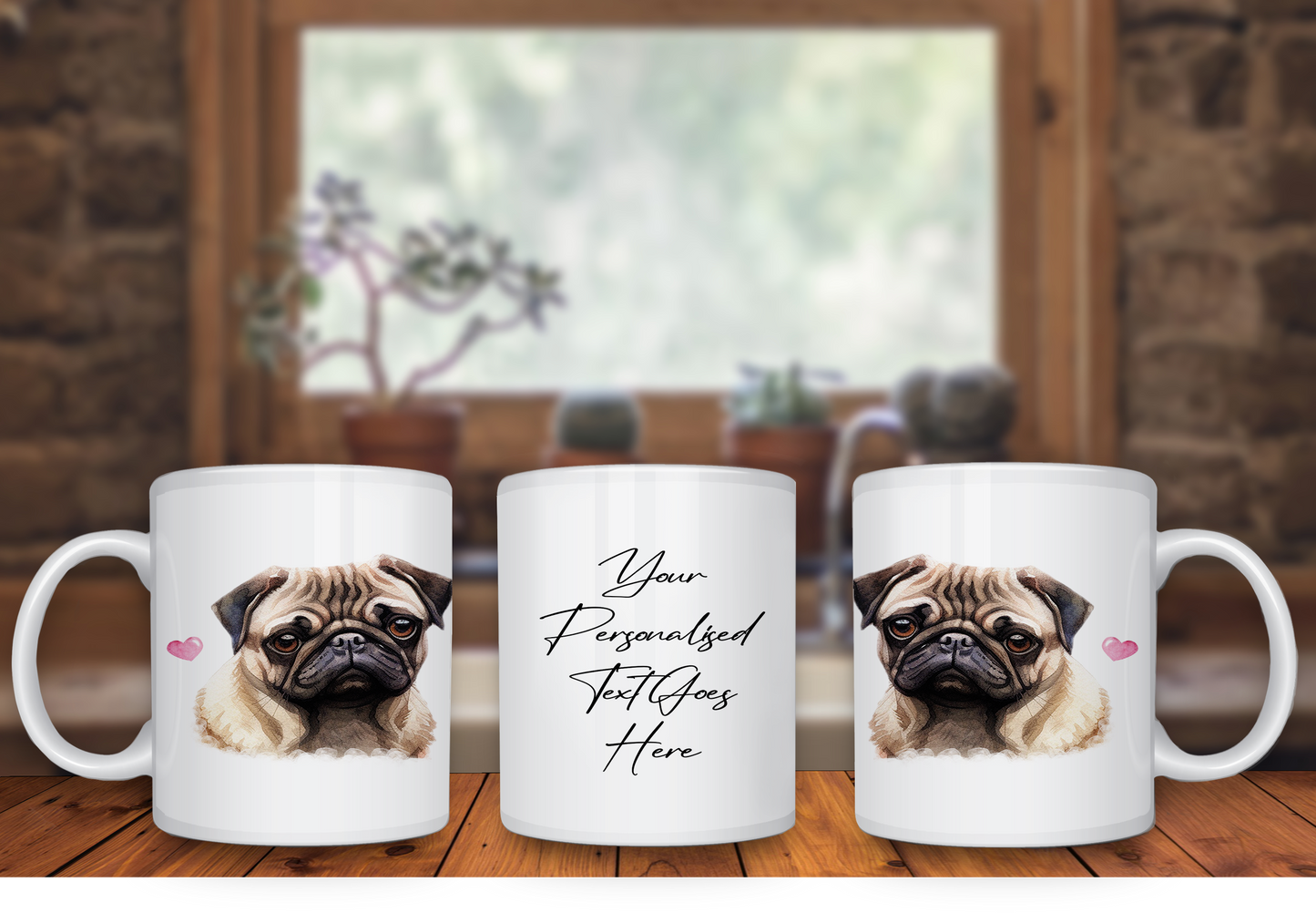 Personalised Dog Gift Mug - Pug with Custom Message and Optional Hearts