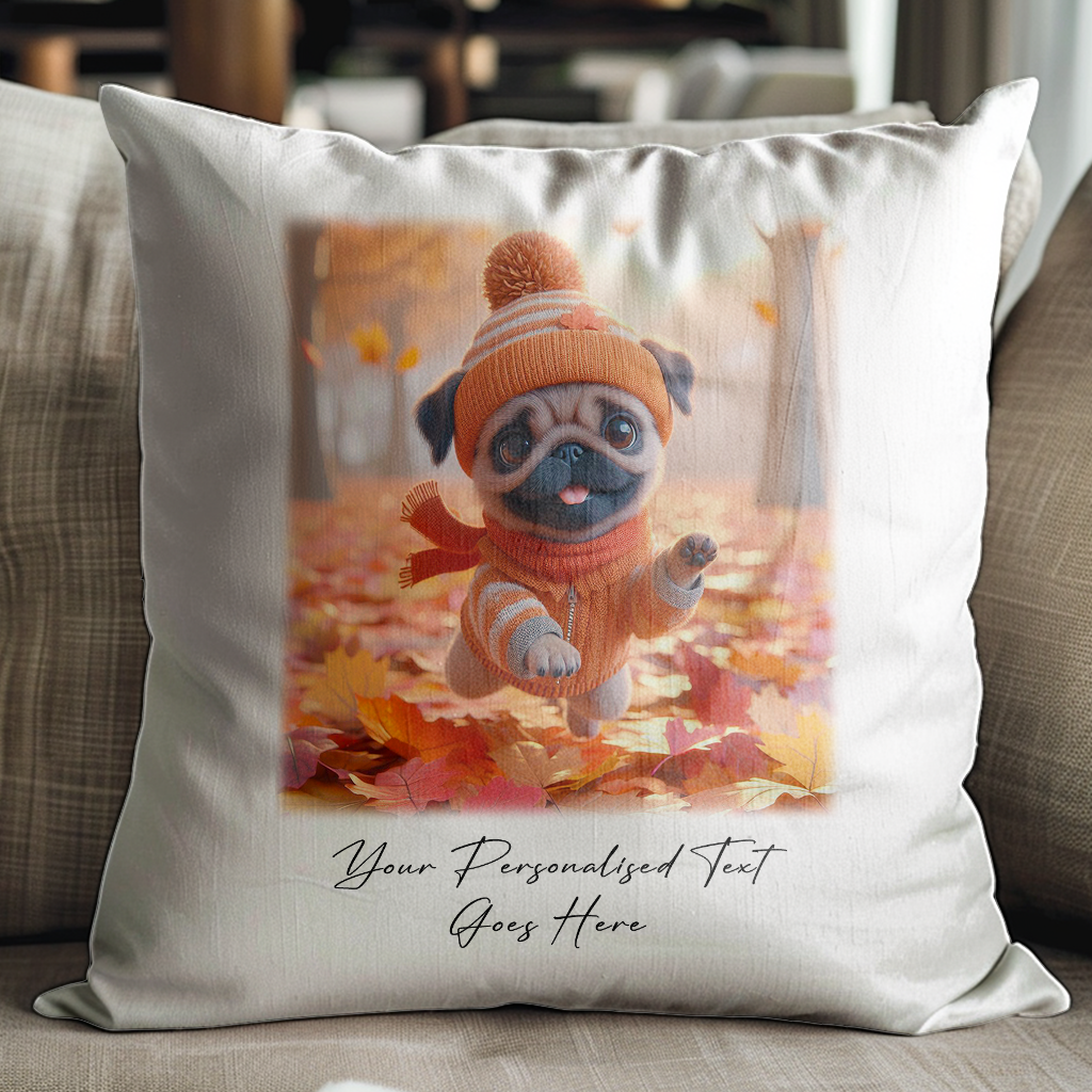 Personalised Cute Pug Playing in Autumn Leaves - Keepsake Gift Cushion, by Floppsie Moppsie – floppsiemoppsie at floppsiemoppsie.co.uk


Cozy up this Autumn with our Personalised Cushion featuring an adorable Sheep playing in autumn leaves. This charming cushion brings warmth and personality to your space with its cute design and soft, comfortable feel and customise it with a name or short message to make it uniquely yours!
This cushion is made from high-quality fabric with vibrant, fade-resistant prints th