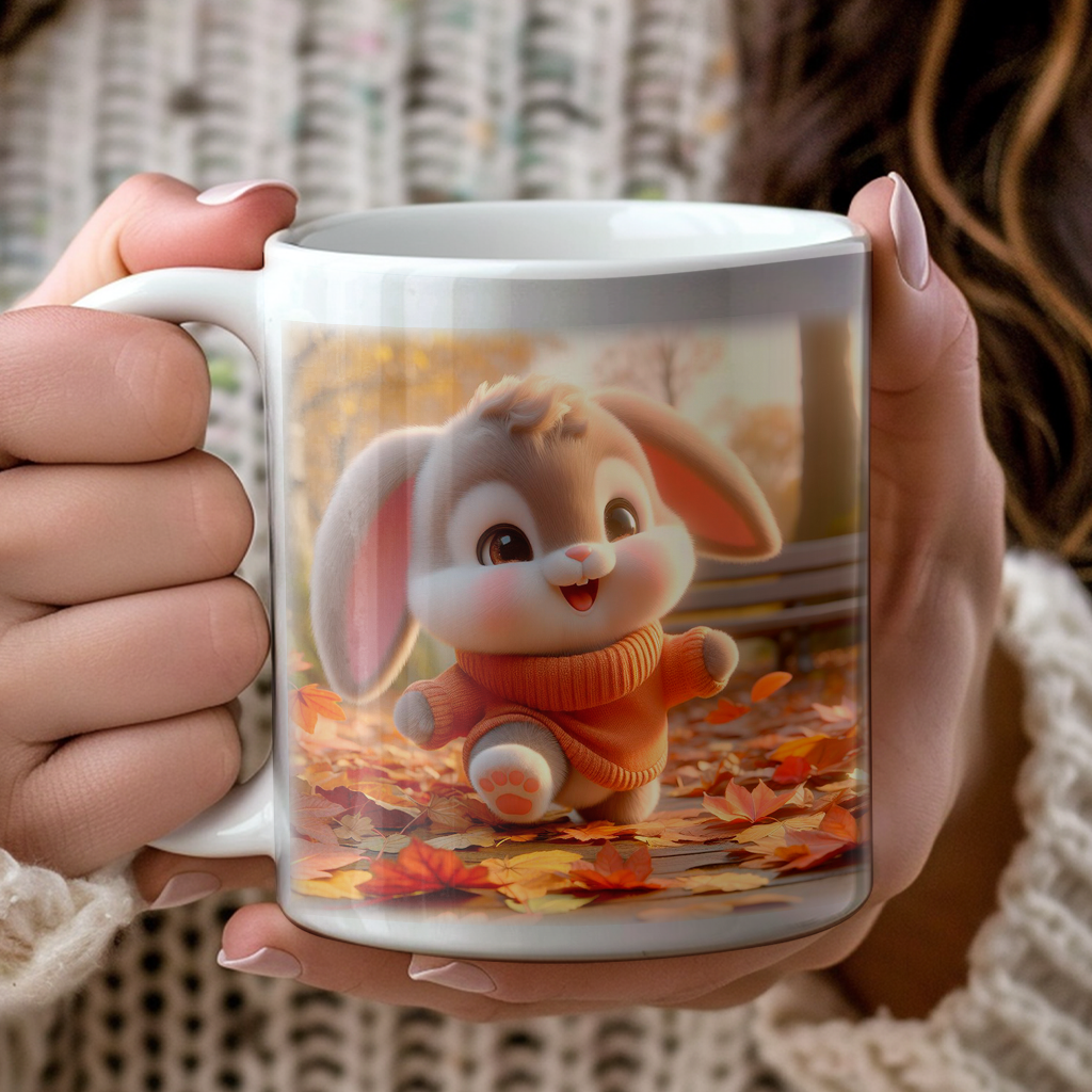 Personalised Cute Rabbit Playing in Autumn Leaves - Keepsake Gift Mug, by Floppsie Moppsie – floppsiemoppsie at floppsiemoppsie.co.uk