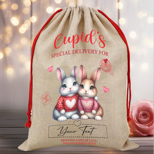 Personalised Animal Couple Love Heart Valentine Anniversary Gift Sack - Rabbit Couple C