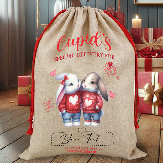 Personalised Animal Couple Love Heart Valentine Anniversary Gift Sack - Rabbit Couple D